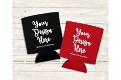 Double Can Coolers Mockup, Black Red Can Holder Flat Lay Product Image 1