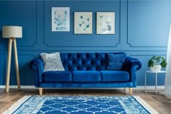Elegant blue living room interior with blue sofa and wooden Product Image 1