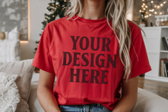 Christmas Comfort Colors 1717 Red T-Shirt Mockup Real Model Product Image 1