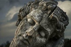 Close up of weathered stone statue face showing passing of t Product Image 1