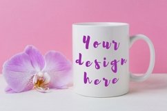 White coffee mug mockup with purple orchid Product Image 1