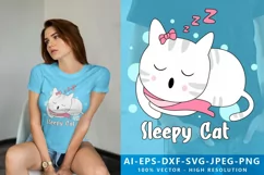 Sleepy Cat Cartoon Vector - Trendy Animal T-Shirt Design Product Image 1