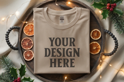 Gildan 5000 Sand Folded Christmas Mockup, G5000 mockup Product Image 1