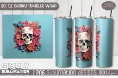 3D Floral Skull Sublimation Skinny Tumbler Wrap| 20oz | Png Product Image 1