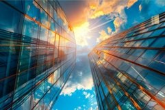Sun shining between modern glass skyscrapers reflecting dram Product Image 1