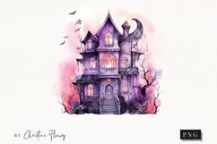 Watercolor Purple Haunted House Clipart | Halloween PNG Product Image 1