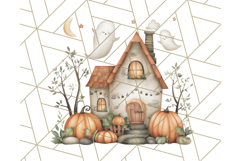 Watercolor Halloween Cottage Clipart, Ghosts &amp; Pumpkins Png Product Image 2