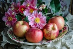 Fresh apples and blooming flowers on vintage plate Product Image 1