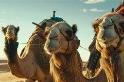 Three camels standing in the desert with tourists riding Product Image 1