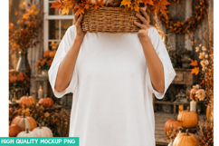 White Tee Mockup with Autumn Pumpkin Decor High PNG File Product Image 1
