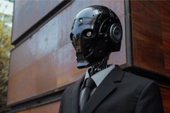 Futuristic robot wearing suit posing in front of modern buil Product Image 1