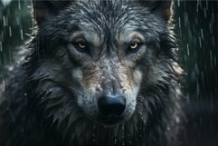 Intense wolf gaze amidst rainfall Product Image 1