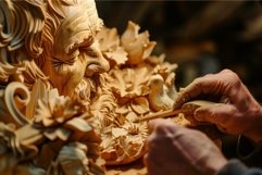 Carpenter carving wooden sculpture of bearded man surrounded Product Image 1
