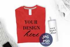 Skinny Tumbler & Red T-shirt Mockup, Folded t-shirt mockup Product Image 1
