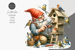 Gnome building birdhouse, Gnome clipart, Watercolor clipart Product Image 1