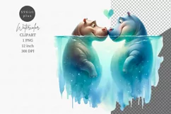 Two hippos in love, Valentine's Day, Watercolor clipart Product Image 1