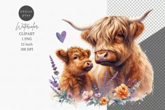 Valentines day clipart, Highland calf and mom, Mothers day Product Image 1