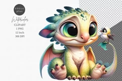 Dragon with bird clipart, Fantasy clipart, Watercolor Product Image 1