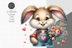 Valentines Day, Bunny holding flowers, Watercolor clipart Product Image 1
