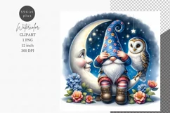 Gnome moon and owl, Gnome clipart, Watercolor clipart, PNG Product Image 1