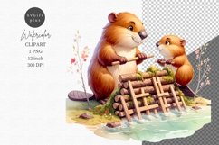 Two beavers building, Watercolor clipart Product Image 1