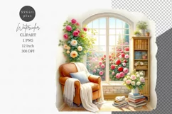 Reading nook clipart, Books clipart, Watercolor clipart Product Image 1