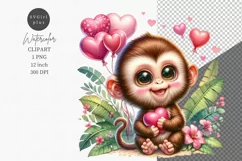 Monkey clipart, Valentine's Day, Watercolor clipart Product Image 1