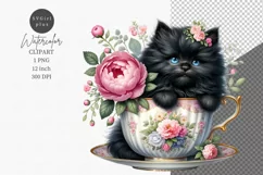 Black kitten clipart, Kitten in teacup clipart, Cat clipart Product Image 1