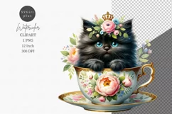 Black kitten clipart, Kitten in teacup clipart, Cat clipart Product Image 1