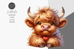 Valentines day, Highland calf, Red heart clipart Product Image 1