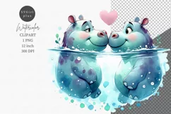 Two hippos in love, Valentine's Day, Watercolor clipart Product Image 1