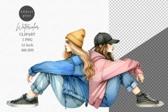 Two friends clipart, Girls clipart, Watercolor clipart Product Image 1