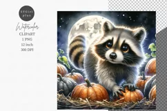 Raccoon exploring pumpkin, Watercolor, PNG Product Image 1