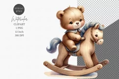 Teddy bear on rocking horse, Teddy clipart, Watercolor Product Image 1