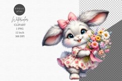 Valentines Day, Bunny holding flowers, Watercolor clipart Product Image 1