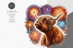 Highland cow clipart, Fireworks clipart, Watercolor clipart Product Image 1