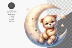 Teddy bear on moon clipart, Moon clipart, Watercolor clipart Product Image 1
