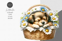 Spring clipart, Sleepy puppy clipart, Daisies clipart Product Image 1