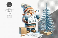 Gnome with Christmas tree clipart, Gnome clipart, Watercolor Product Image 1