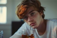 Sad young man drinking alcohol feeling depressed and lonely Product Image 1