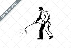 Pest Control Exterminator Spraying Side Retro Woodcut SVG Product Image 1