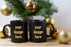 Two black coffee mug mockup with golden Christmas ornaments Product Image 1