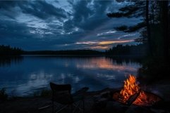 Serene lakeside campfire at dusk Product Image 1
