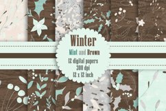 12 Winter Floral Digital Papers in Mint and Brown Color Product Image 1