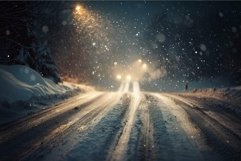 Snow falling on road with tire tracks at night Product Image 1