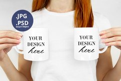 Woman holding Two mugs mockup, Double mug mockup with hands Product Image 1