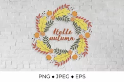 Hello Autumn lettering in Wreath of fall leaves and pumpkins Product Image 1