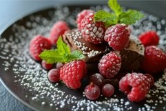 Fresh raspberries and chocolate delight on a plate Product Image 1