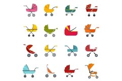 Pram stroller carriage icons set, flat style Product Image 1
