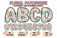 Floral Patchwork Alphabet &amp; Numbers Clipart 144 PNG 300 DPI Product Image 1